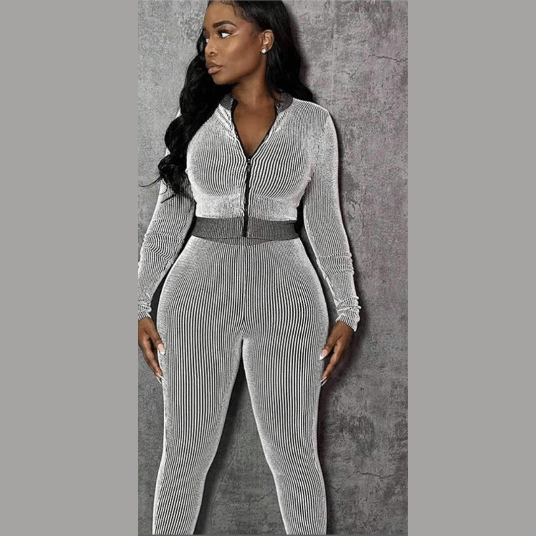 Striped Bodycon Zipper Sweatshirt with Pant Sets