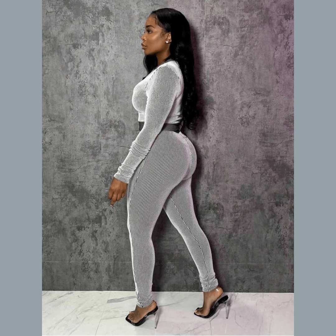 Striped Bodycon Zipper Sweatshirt with Pant Sets